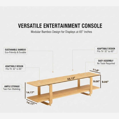 Eco-friendly burlywood bamboo media center with two wide storage shelves for 65-inch screens in a modern living room.