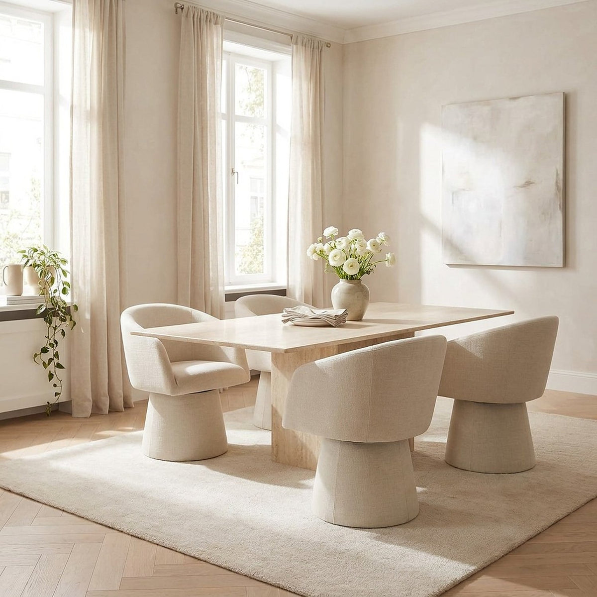 Four cream swivel chairs around a travertine table in a sunlit dining room