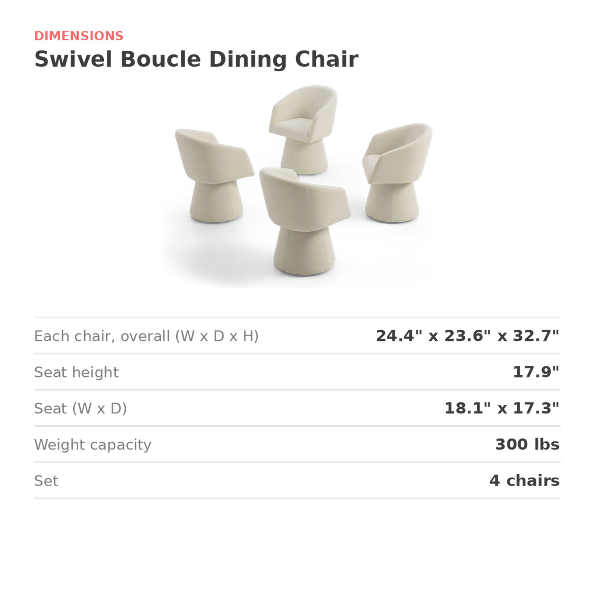Dimensions card for the swivel chair set with size and weight limit table