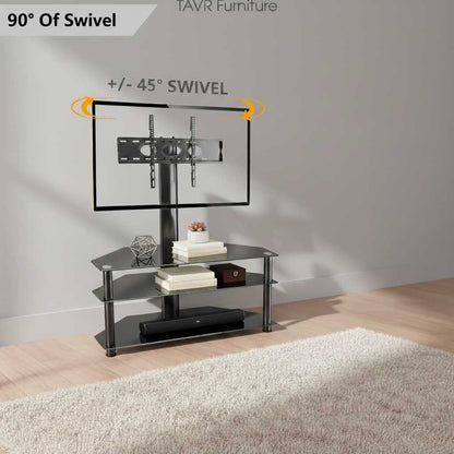 Space-saving floor TV stand featuring a height-adjustable pillar, swivel mount, and 3 tiers of tempered glass shelving.