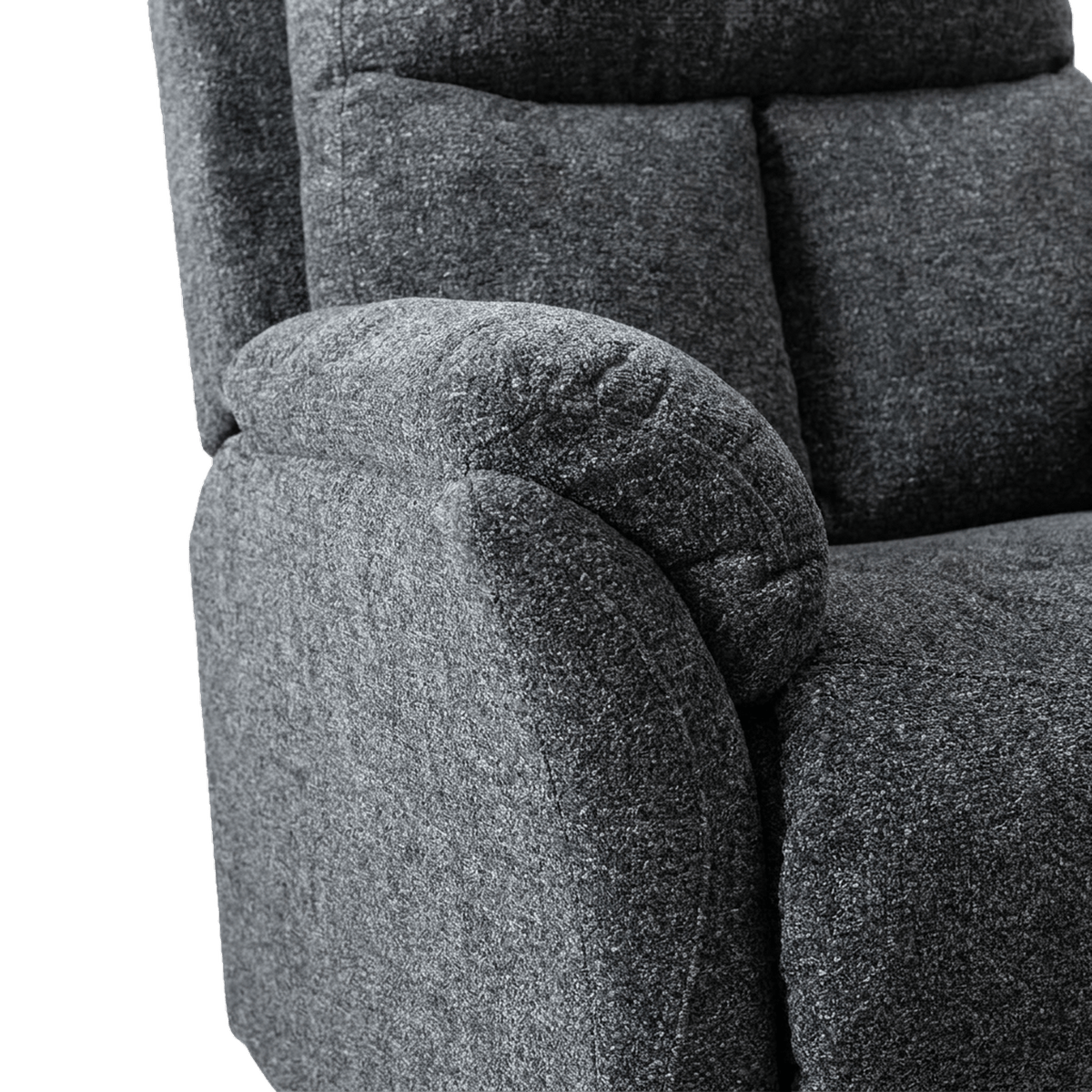 Close-up of the soft-curved armrest in gray heathered fabric (close-up detail)