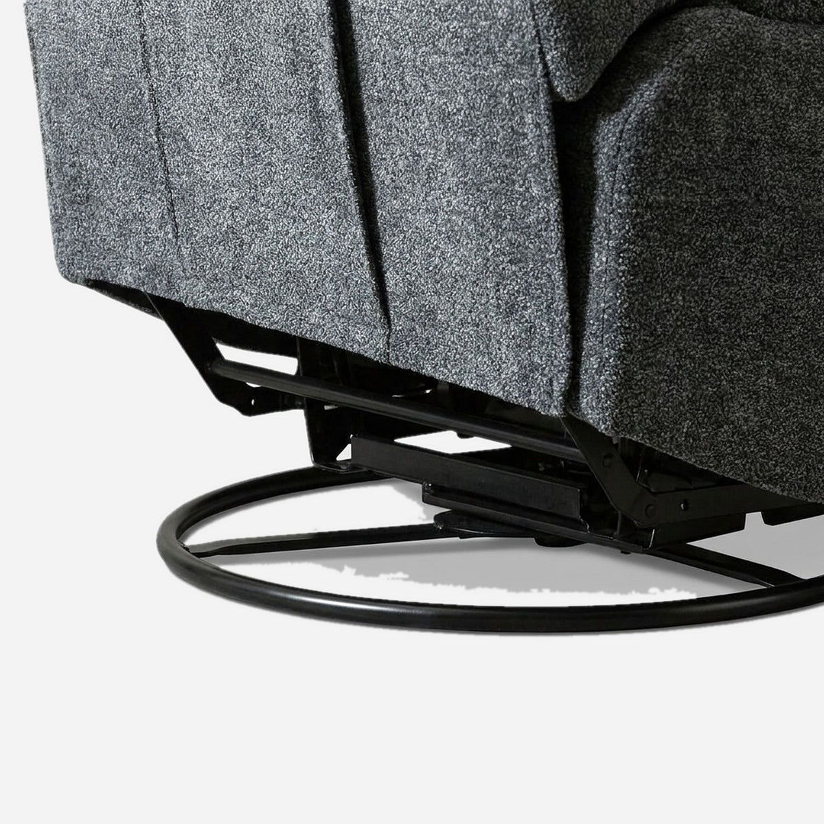 Close-up of the 360-degree swivel base under the gray recliner (close-up detail)