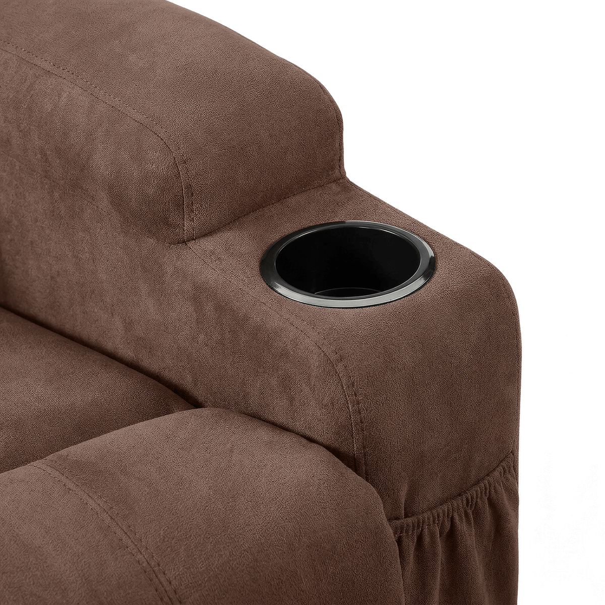 Padded brown fabric armrest with a recessed black cup holder (close-up detail)