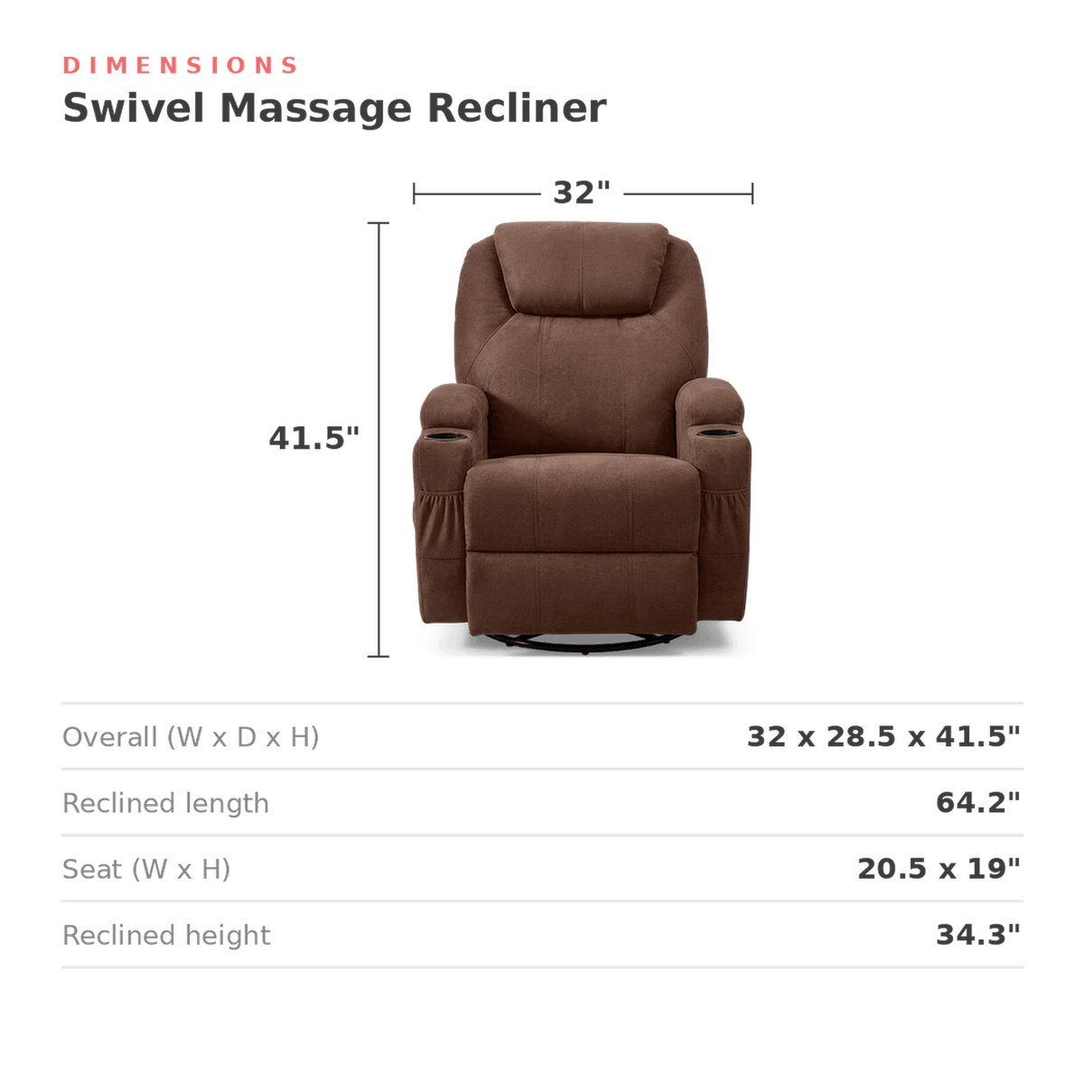 Dimensions of the swivel massage recliner: 32 in. wide, 28.5 in. deep, 41.5 in. high (feature callout)