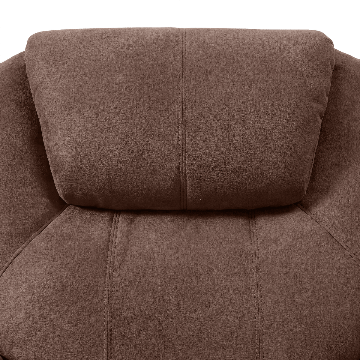 Stitched brown fabric headrest and upper backrest (close-up detail)