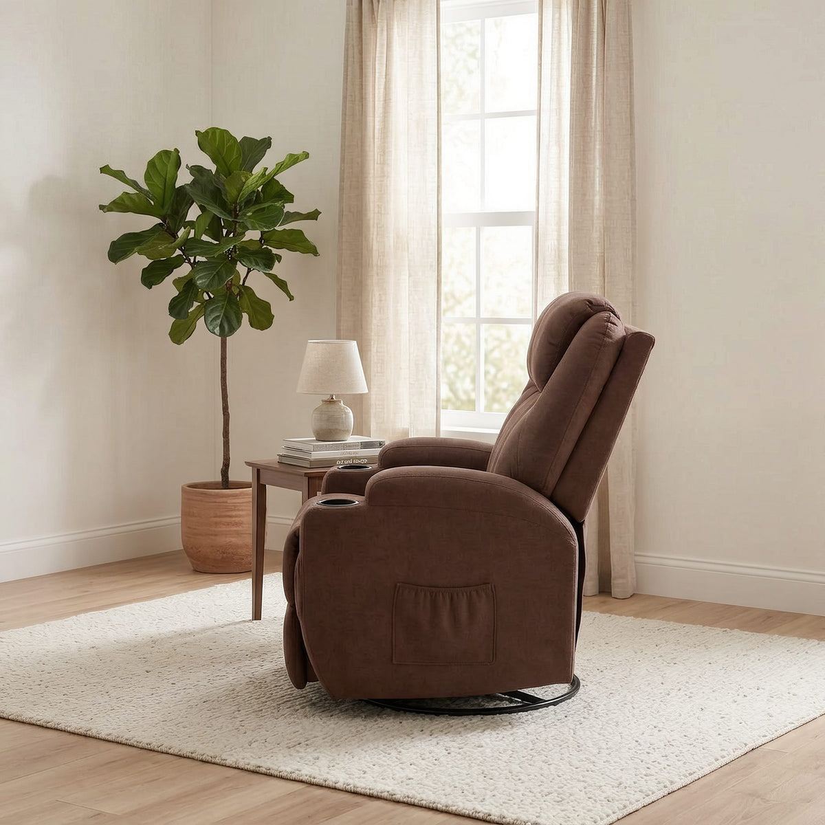 Brown fabric recliner in a bright room by a window, side view with pocket and cup holders