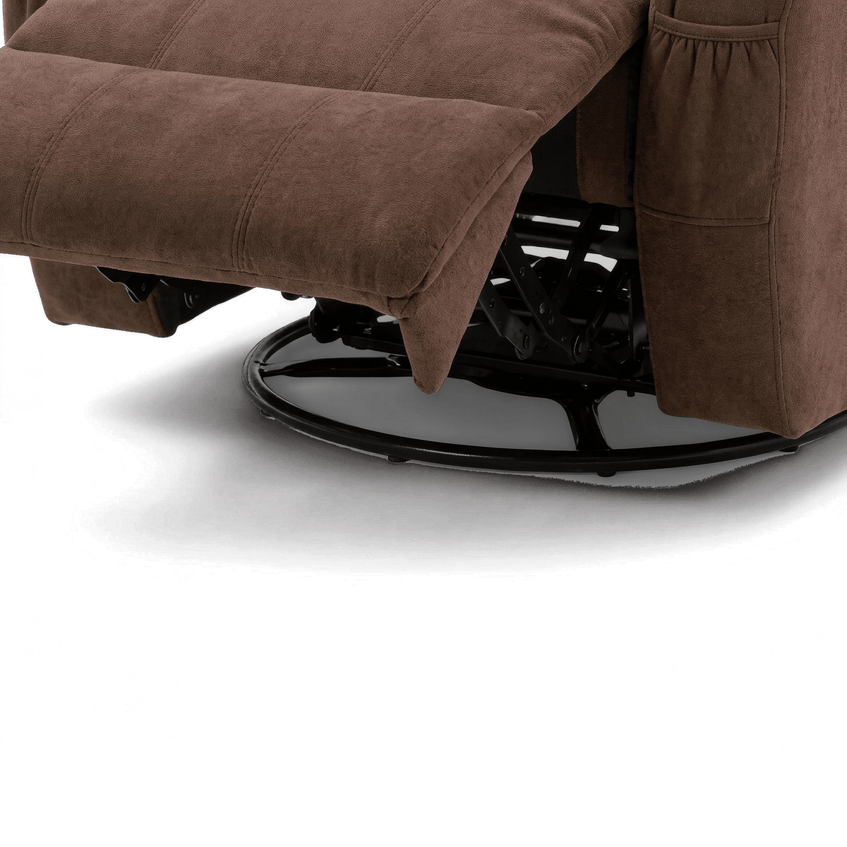 Black steel swivel ring and recline mechanism under the brown fabric footrest (close-up detail)