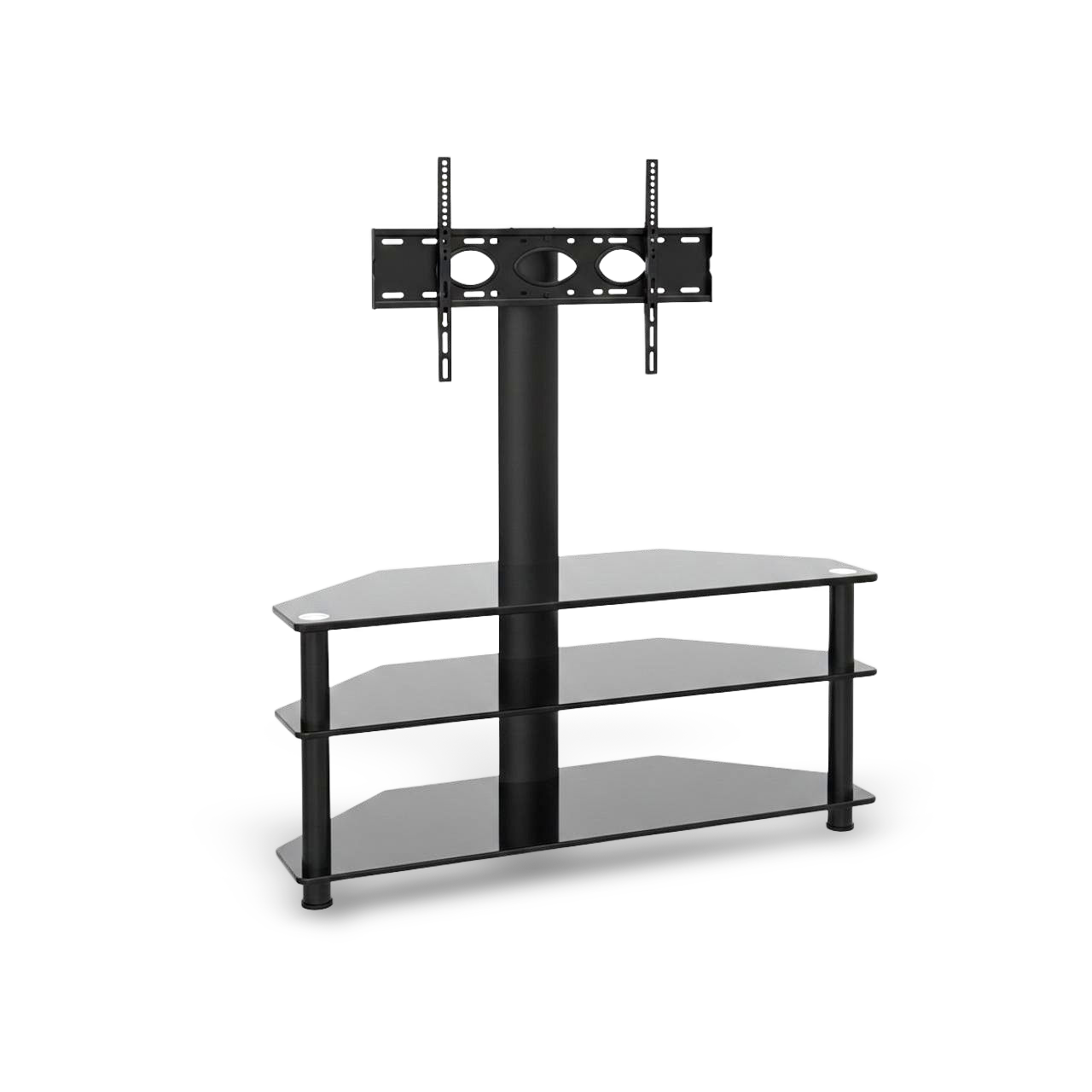 Height-adjustable swivel TV stand with three tempered glass shelves and 45° swivel for 32–65 in TVs.
