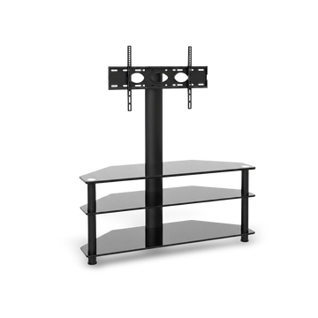 Height-adjustable swivel TV stand with three-tier tempered-glass shelves and wall-mount plate.