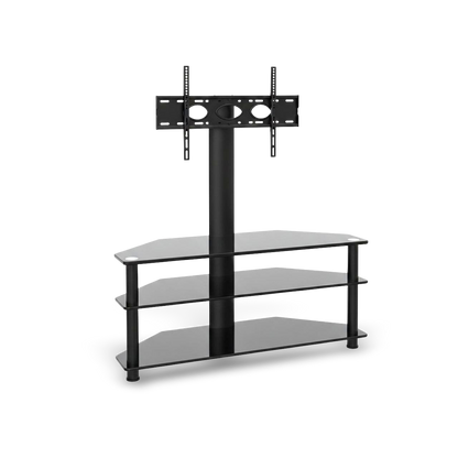 Height-adjustable TV stand with tempered glass shelves, shown against a #f3f3f3 studio backdrop.