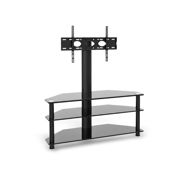 Height-adjustable swivel TV stand with three tempered glass shelves and 45° swivel for 32–65 in TVs.