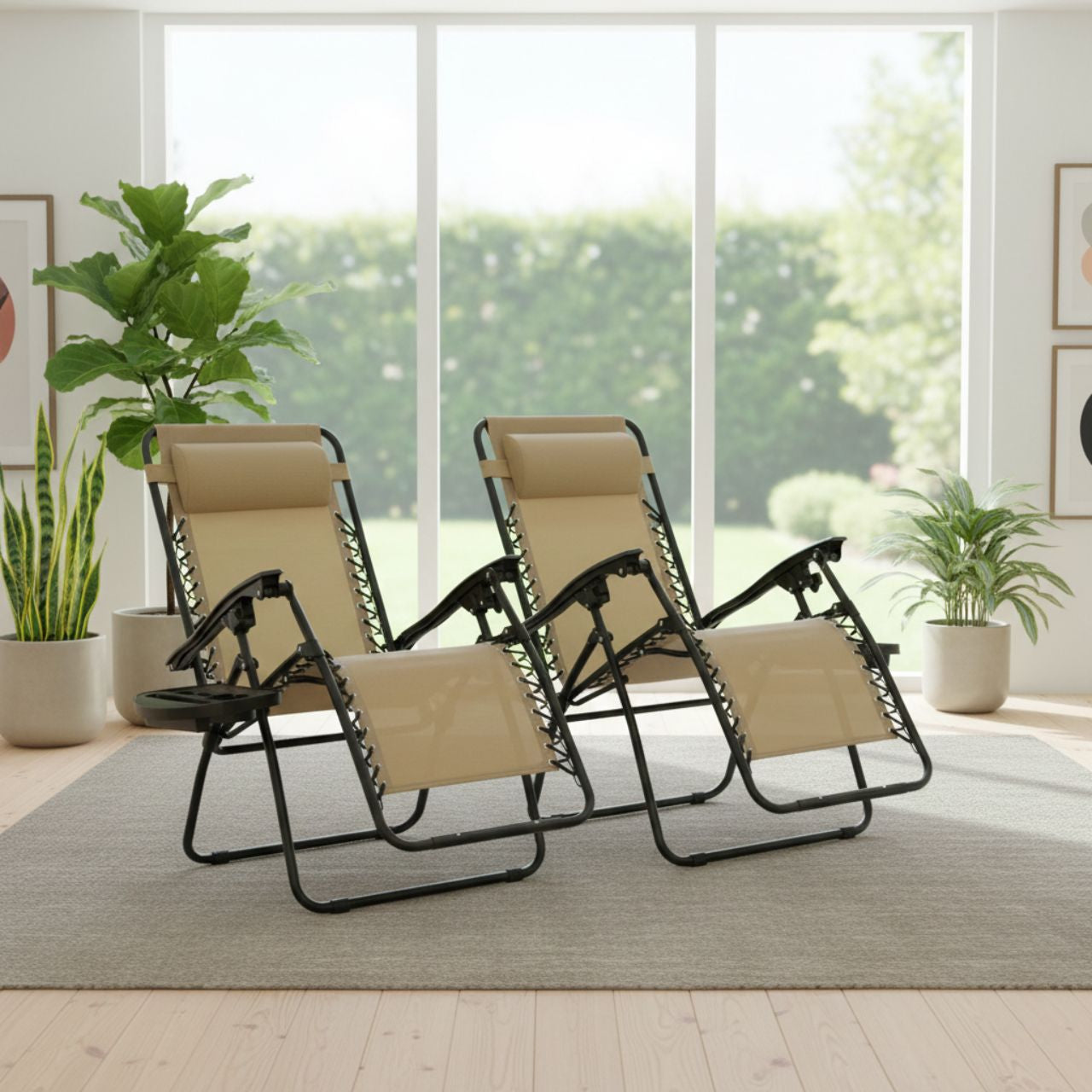 Modern tan fabric reclining outdoor chair with a removable side tray and cup holder; sturdy black frame design for poolside or patio lounging.