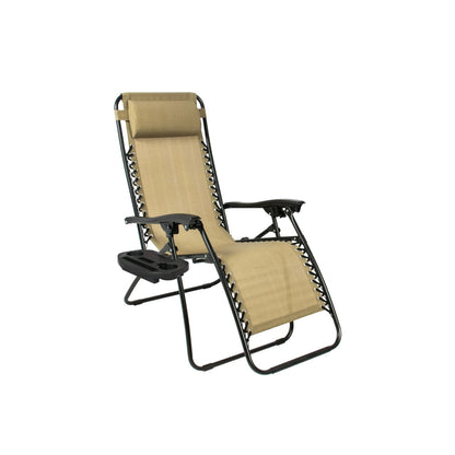 Tan Zero Gravity lounge chair with a sleek black frame; features a dual side tray for drinks and accessories, optimized for outdoor relaxation.