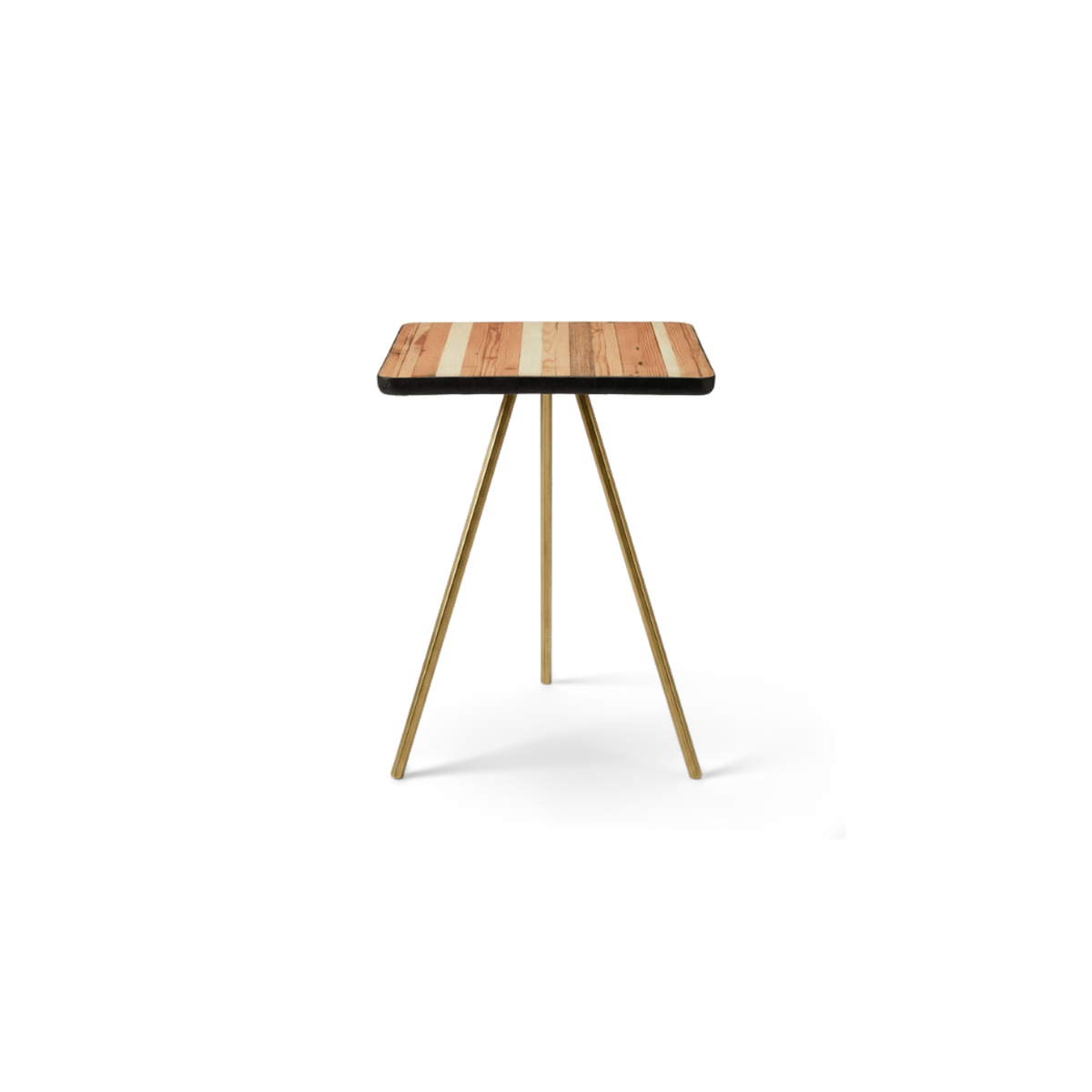 Tripod side table with a torched reclaimed-wood top and brass legs, front view
