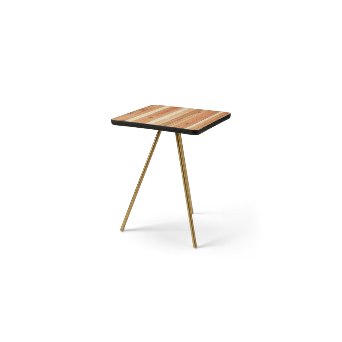 Tripod side table with a torched reclaimed-wood top and brass legs, angled view