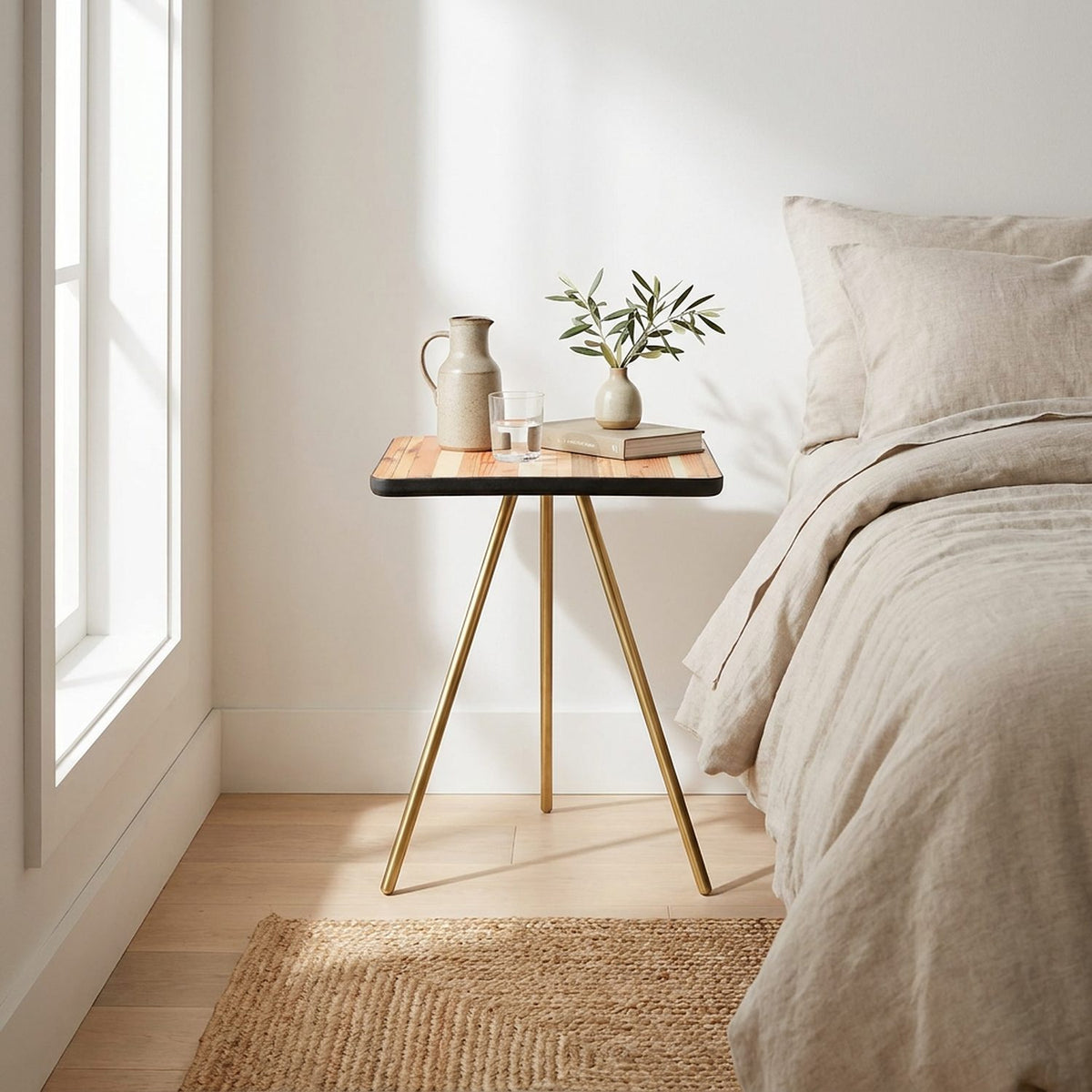 Reclaimed-wood side table with brass legs in a bright bedroom
