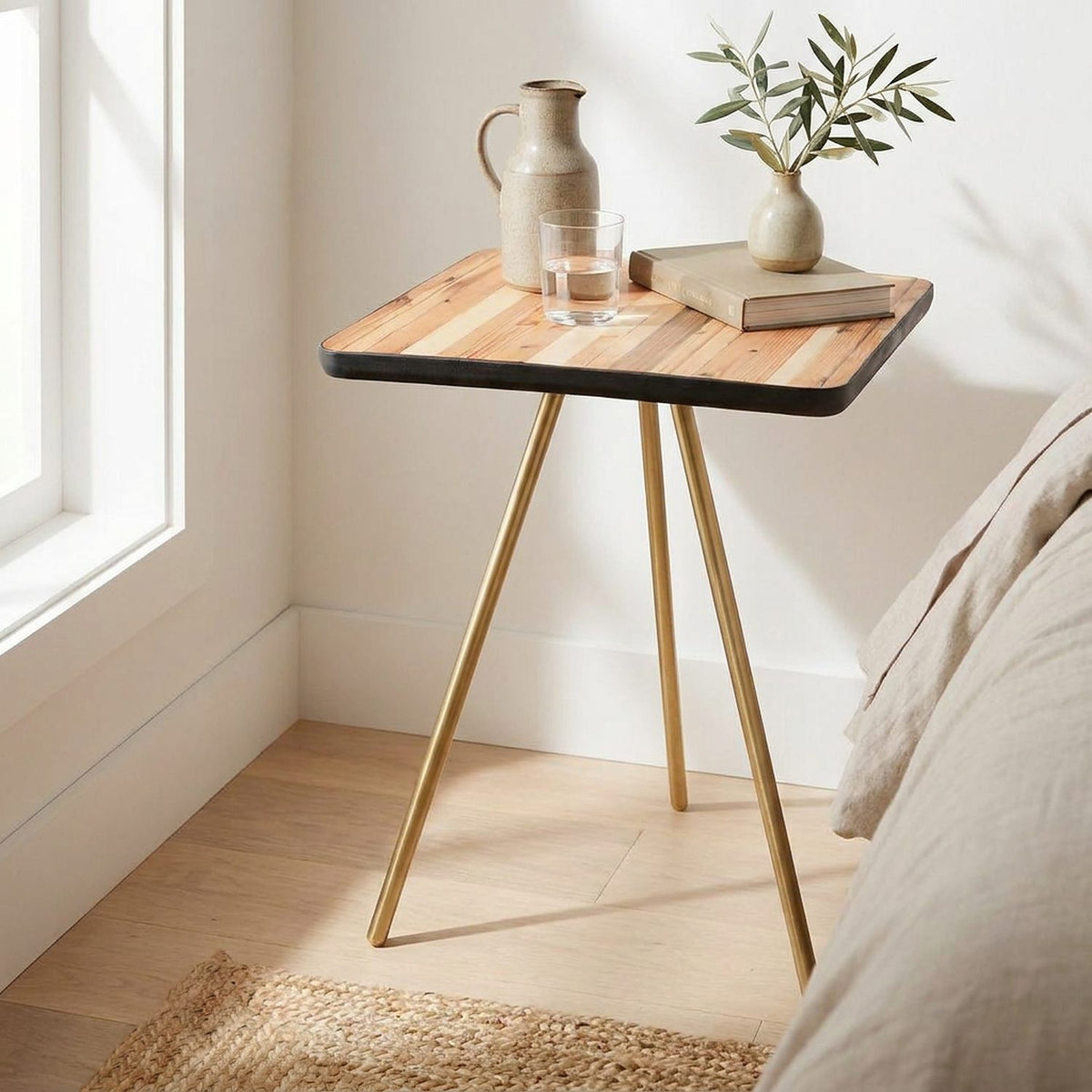Reclaimed-wood side table with brass legs beside the bed in morning light