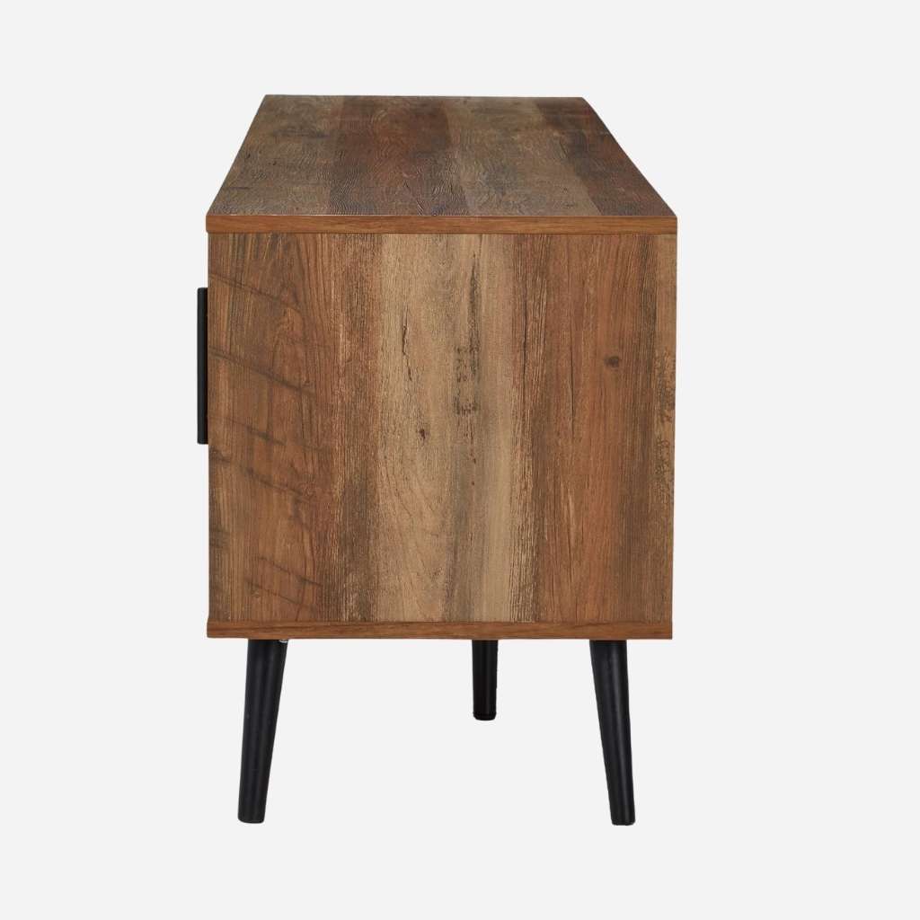 Mid-century modern rustic wood TV stand with storage, warm wood grain, black tapered legs, fits up to 65-inch TVs.
