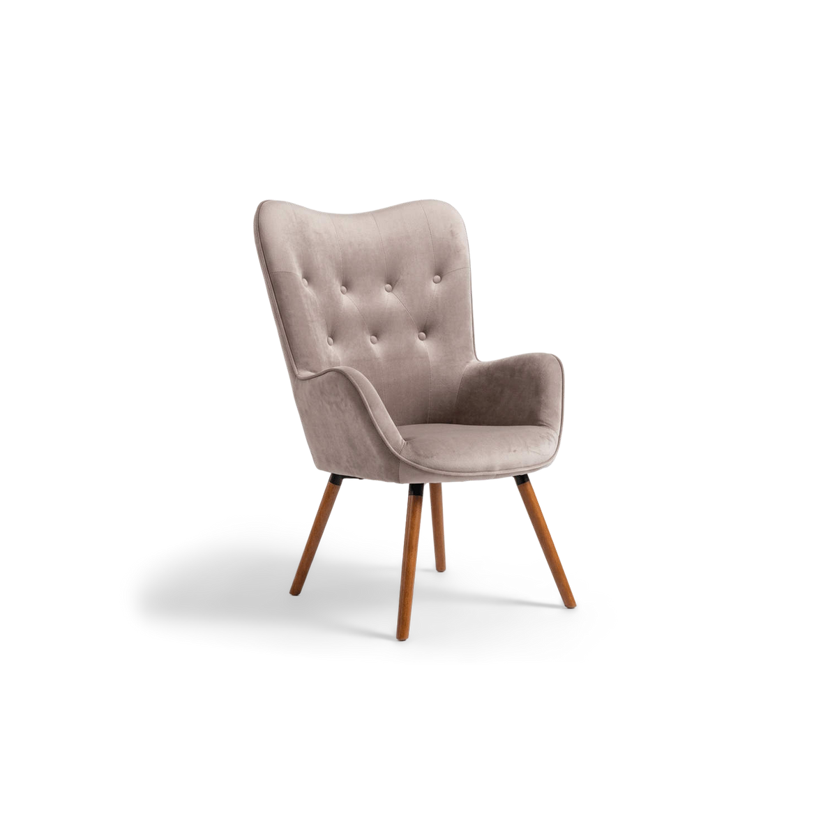 Taupe velvet wingback accent chair with button tufting and walnut legs, three-quarter view (plain studio)