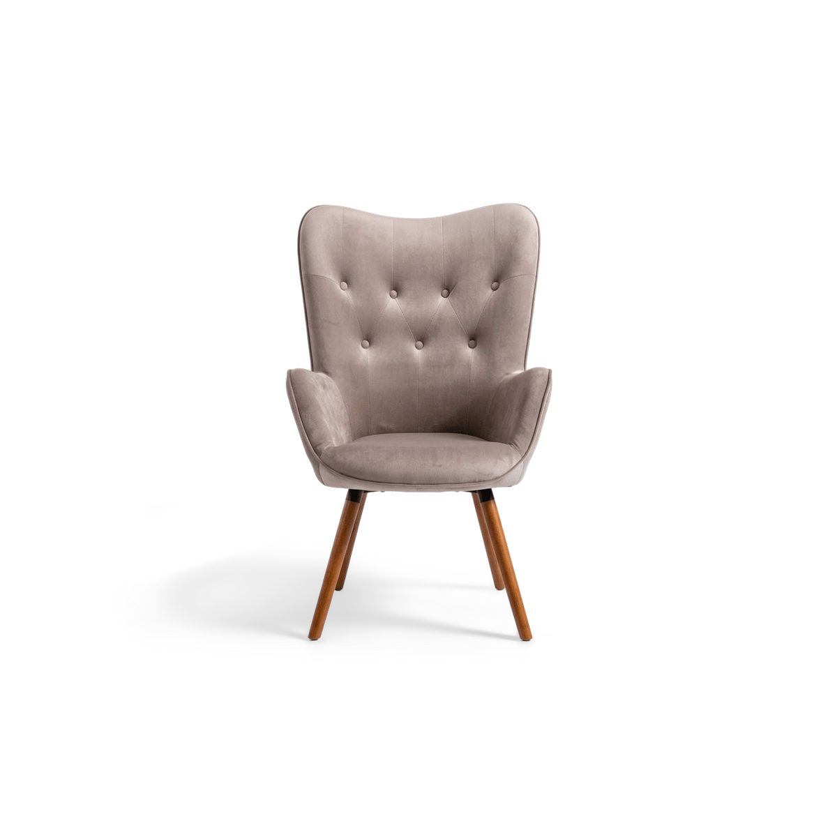 Taupe velvet wingback accent chair with button tufting and walnut legs, front view (plain studio)