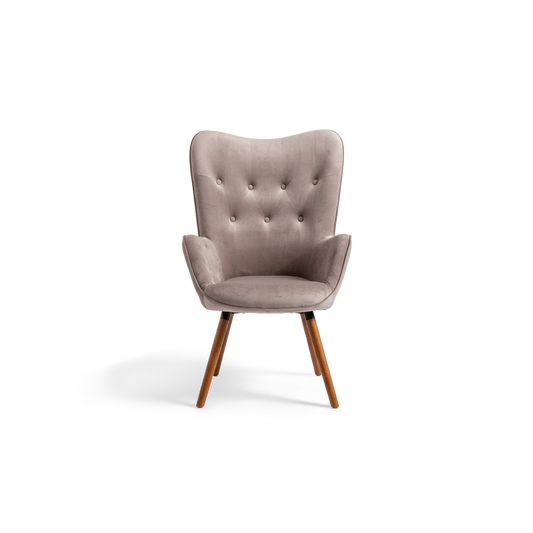 Taupe velvet wingback accent chair with button tufting and walnut legs, front view (plain studio)