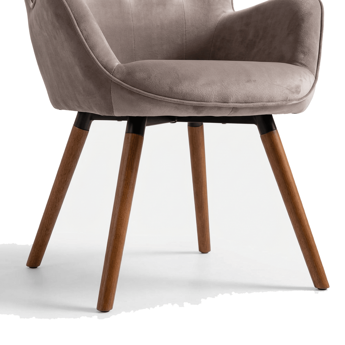 Walnut-finish wood legs with black metal collars (close-up detail)