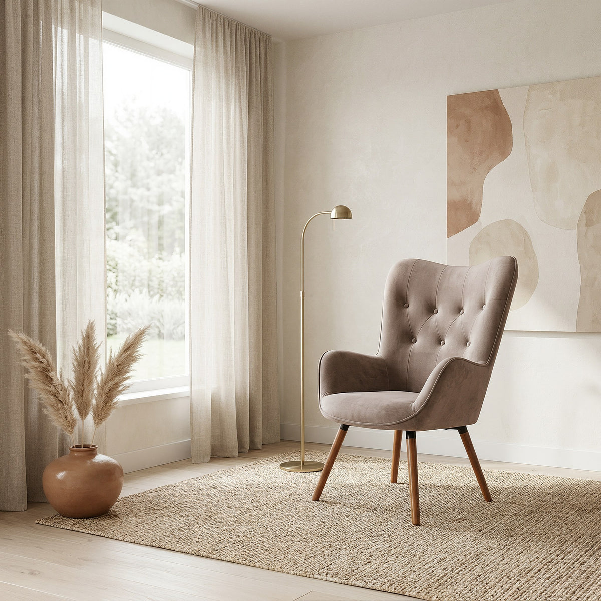 Taupe velvet wingback accent chair in a calm Japandi corner