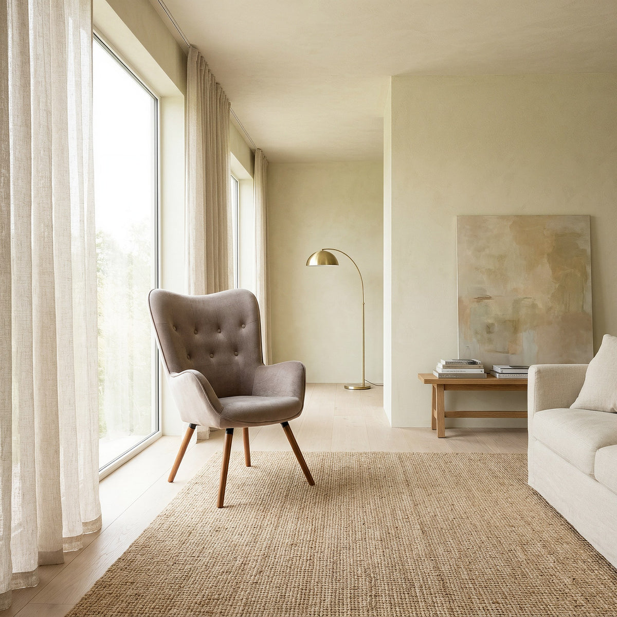 Taupe velvet wingback accent chair in the same Japandi room, closer view