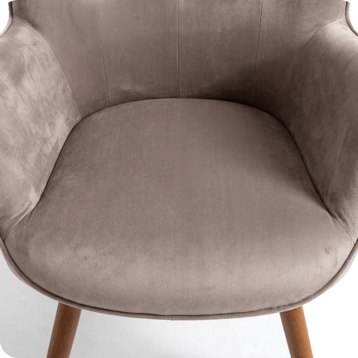 Soft taupe velvet seat of the wingback accent chair (close-up detail)