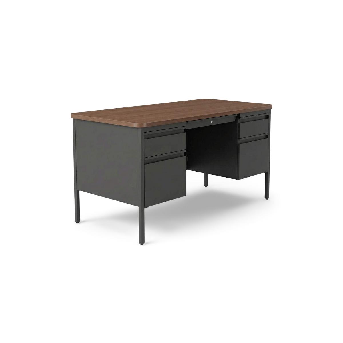 Teacher's desk in steel with walnut-finish laminate top, three-quarter view (plain studio)