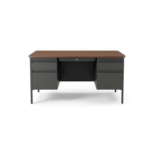 Teacher's desk in steel with walnut-finish laminate top (plain studio)