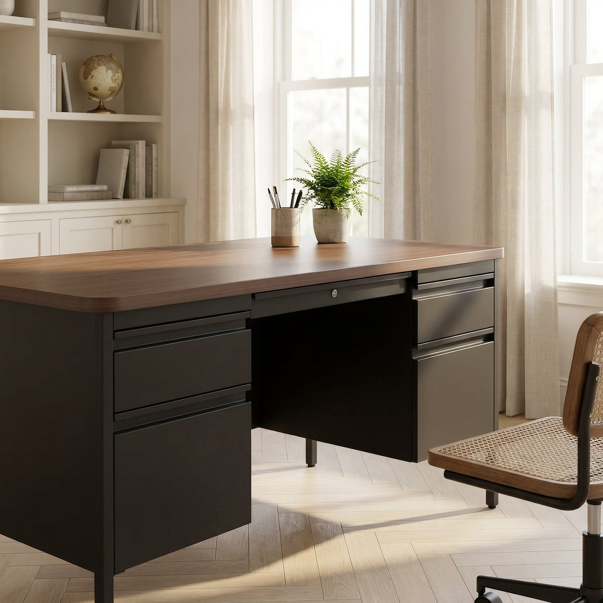 Teacher's desk beside a window in a home study, closer view