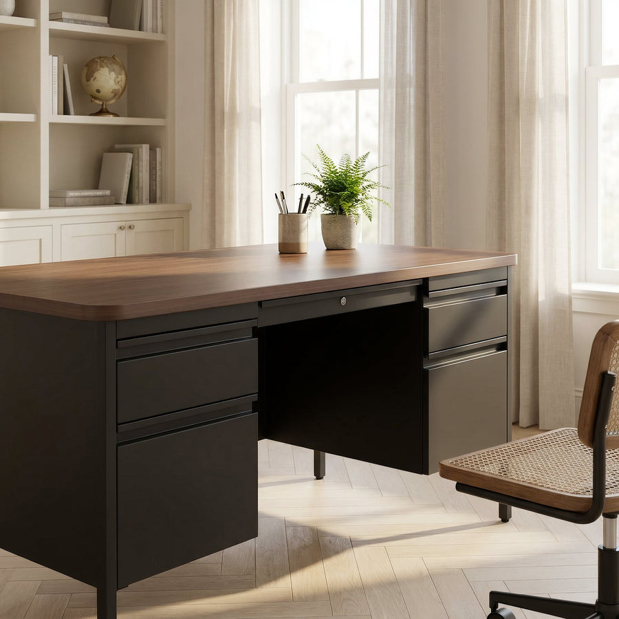 Teacher's Desk with Storage, Steel and Walnut Laminate