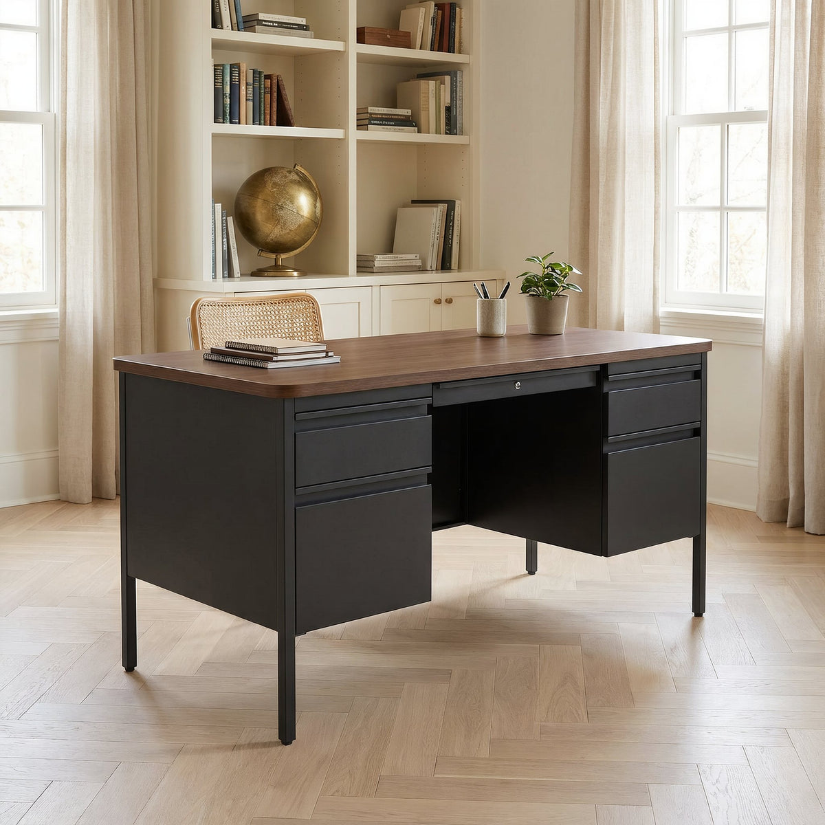 Teacher's desk with walnut-finish laminate top in a bright home study