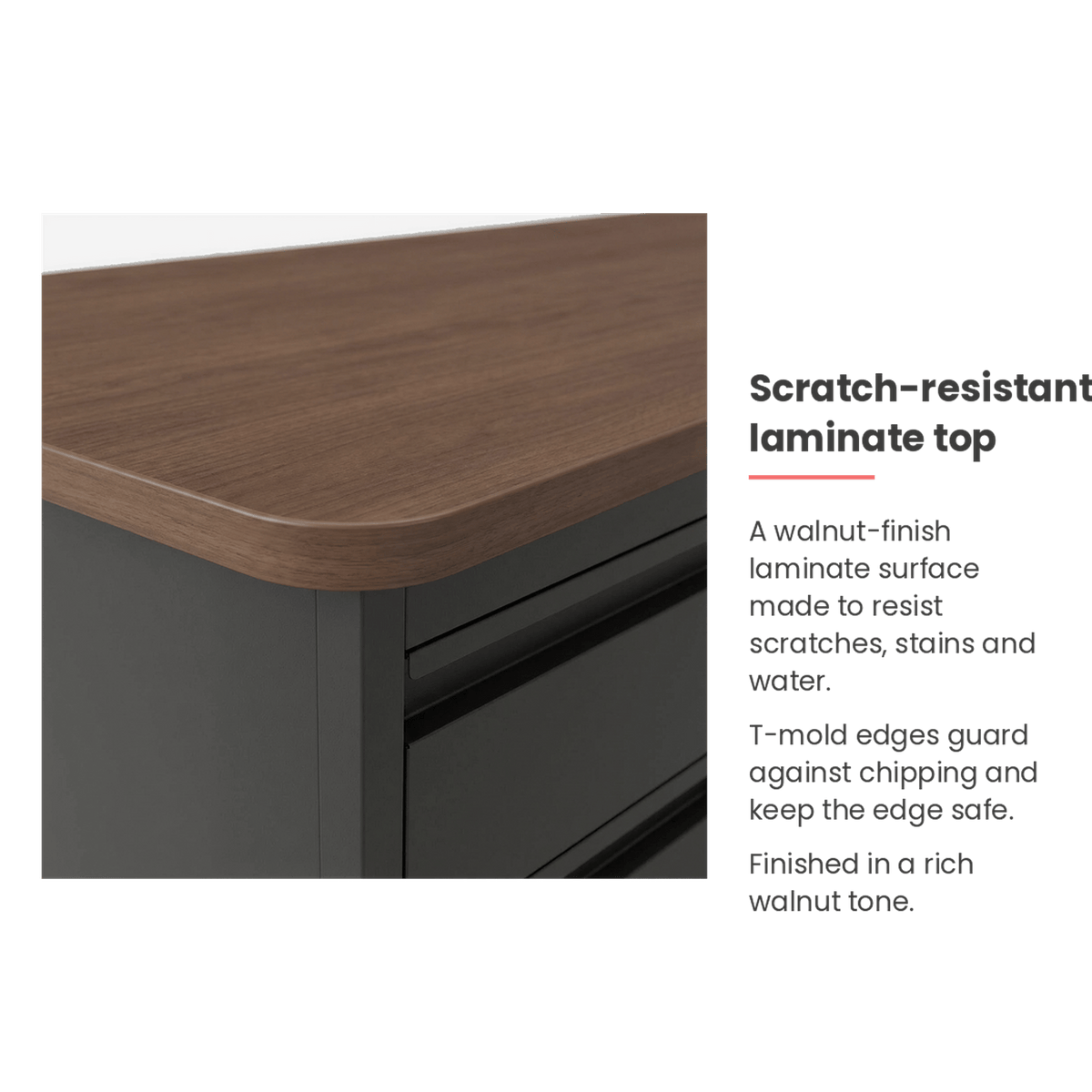 Teacher's desk walnut-finish laminate top specifications (feature callout)