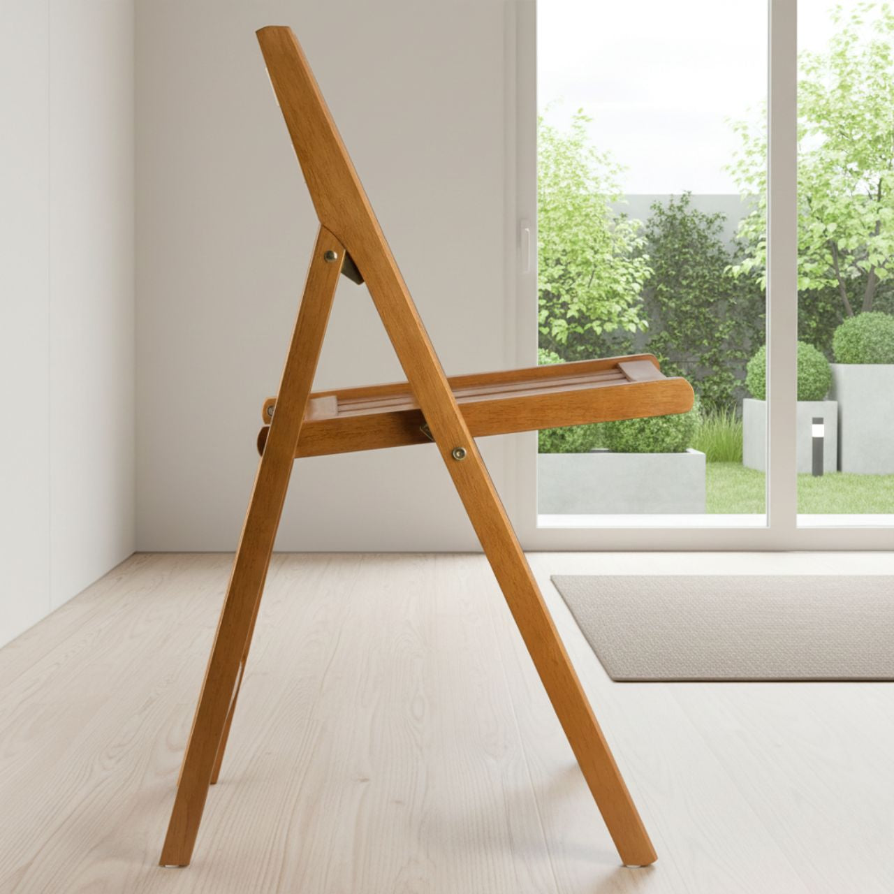 Teak folding chair in A-frame design, space-saving foldable seating for indoor or outdoor use.