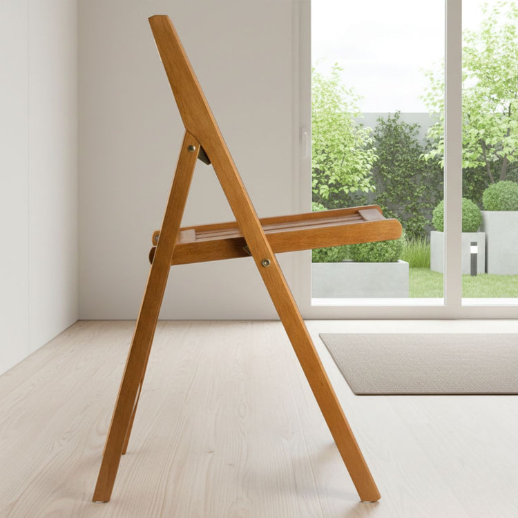 Teak folding chair in A-frame design, space-saving foldable seating for indoor or outdoor use.