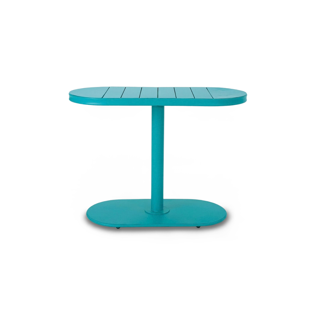 Teal oval slatted table on a single column and oval foot, front view (plain studio)