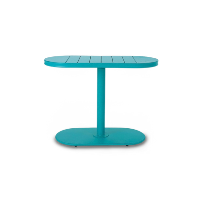 Teal oval slatted table on a single column and oval foot, front view (plain studio)