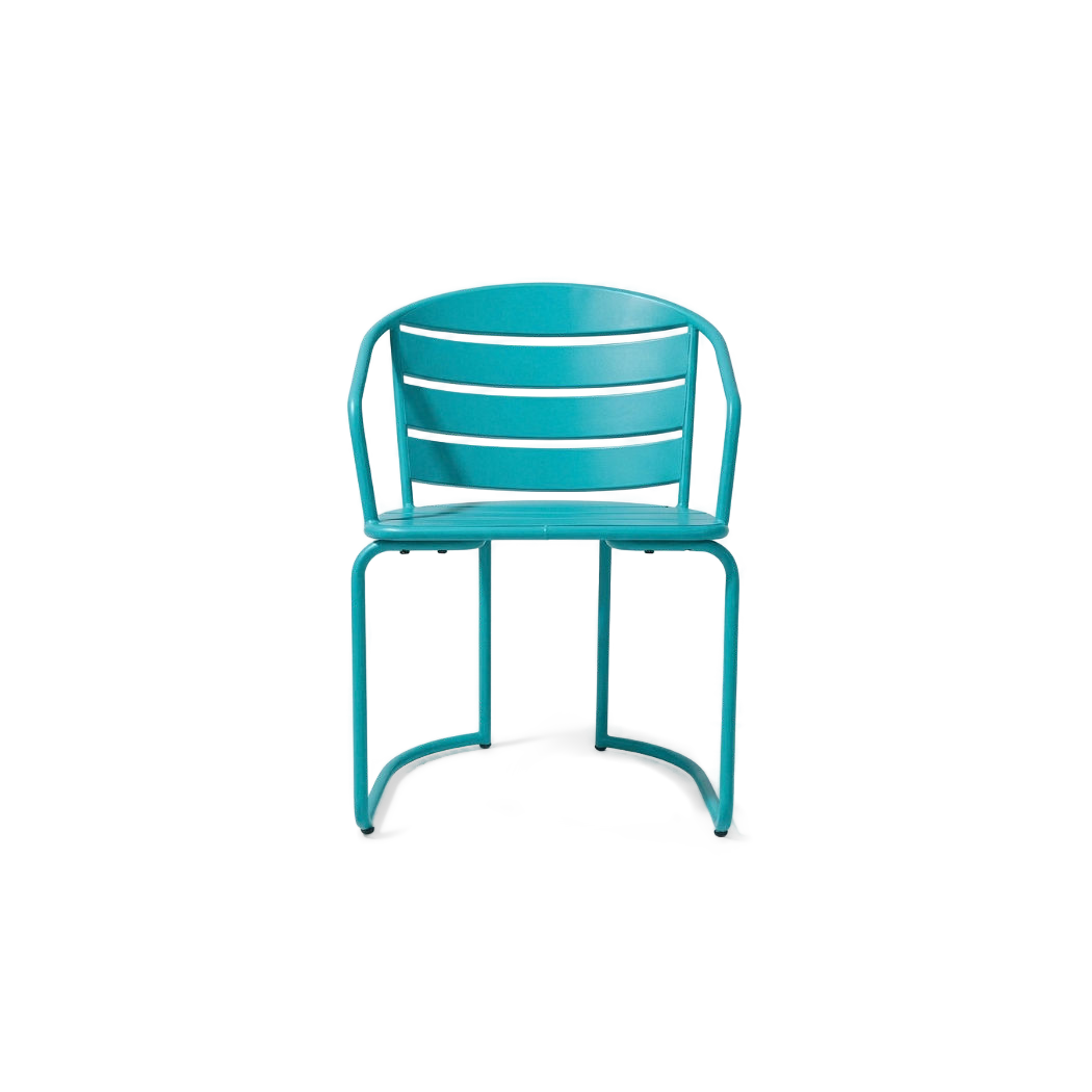 Teal slatted armchair with curved arms and curved tube legs, front view (plain studio)