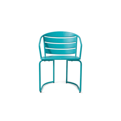 Teal slatted armchair with curved arms and curved tube legs, front view (plain studio)