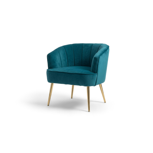 Teal velvet barrel accent chair with gold metal legs, three-quarter view (plain studio)