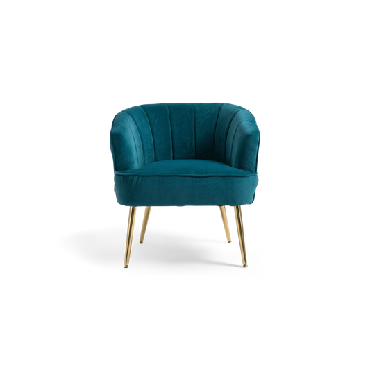 Teal velvet barrel accent chair with gold metal legs, front view (plain studio)