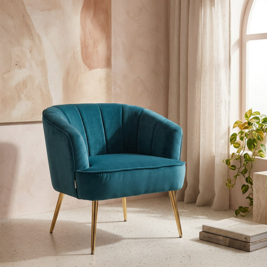 Teal Velvet Barrel Accent Chair, Channel Back, Gold Metal Legs