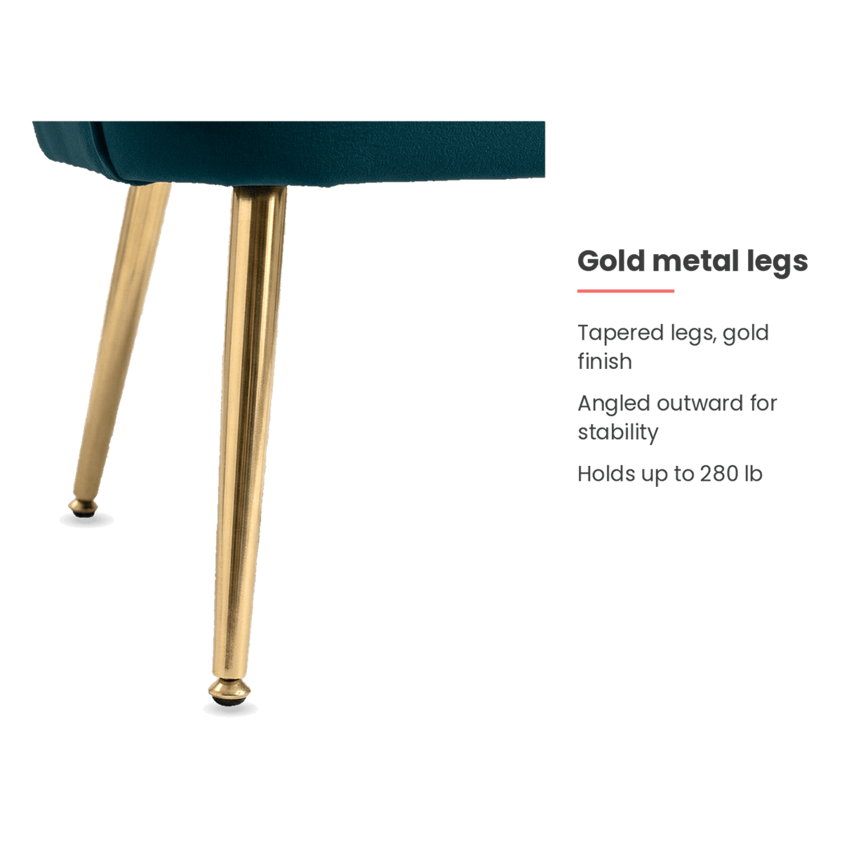 Gold metal leg specification card for the teal velvet chair (feature callout)