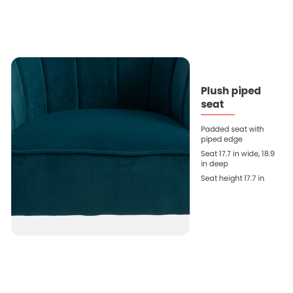 Seat specification card for the teal velvet chair (feature callout)