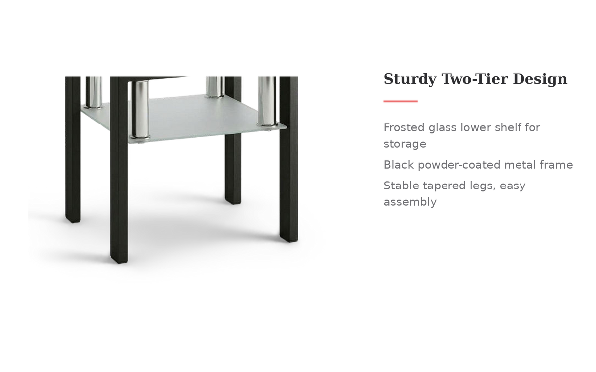 Square tempered glass tea table, two-tier frame feature callout