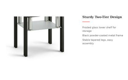 Square tempered glass tea table, two-tier frame feature callout