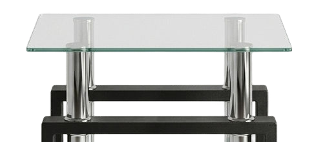 Square tempered glass tea table, glass top and chrome post close-up