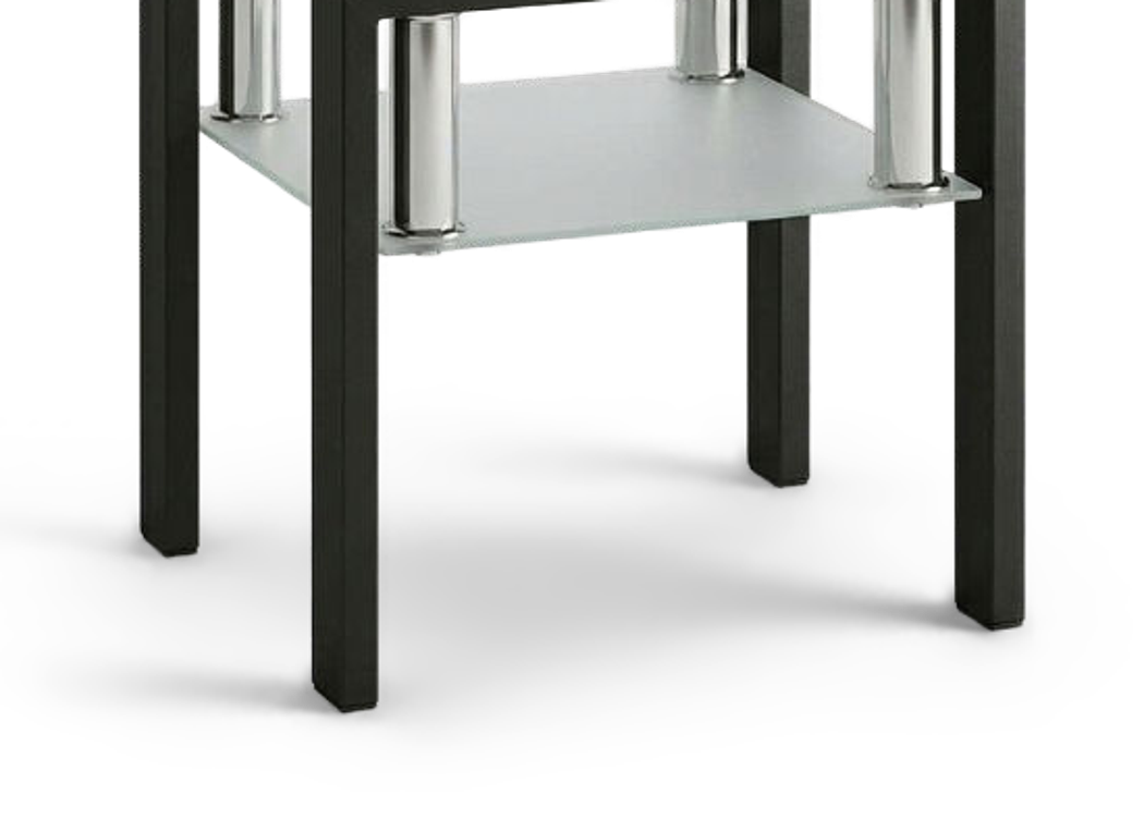 Square tempered glass tea table, frosted shelf and leg close-up